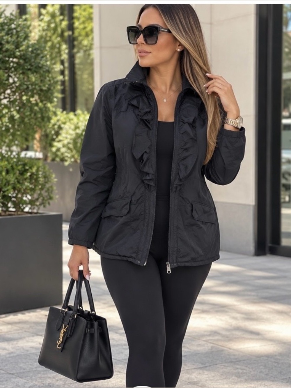 Ralph Lauren Black Ruffle-Trim zip up front collar and front packet Sz m